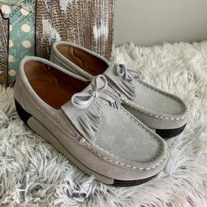 Gray suede wedge loafers. NEW